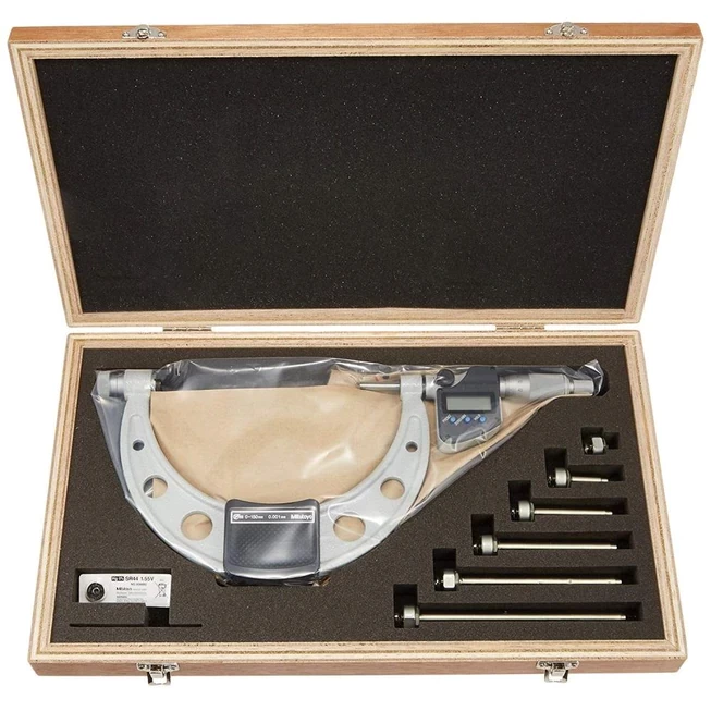 Mitutoyo 340-251-30: LCD Outside Micrometer, Interchangeable Anvils, 0-150mm/0.001mm